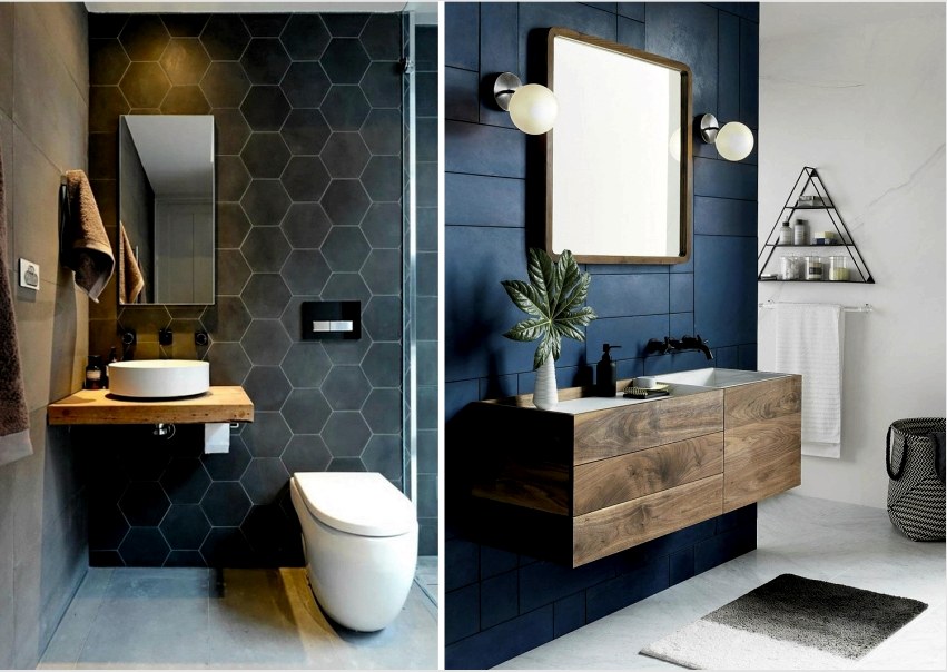 A modern tervezők gyakran használnak telített, sötét árnyalatú csempéket fürdőszoba kialakításához.