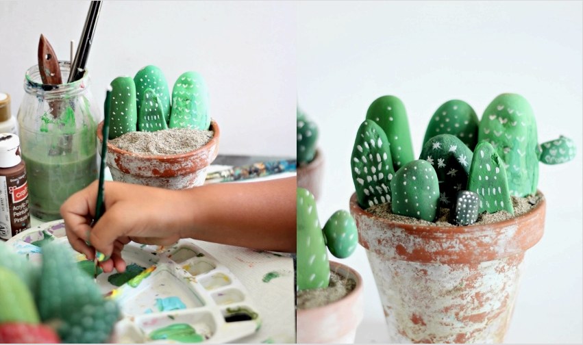 Gyönyörű kaktuszok festett kövekből