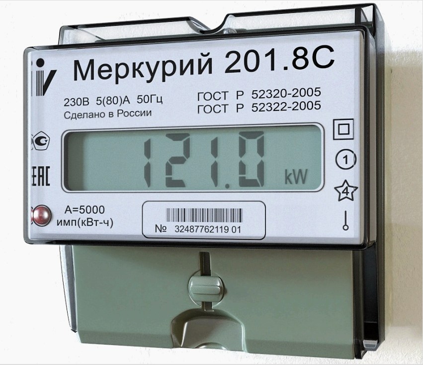 A fogyasztás jelzése a fogyasztásmérő kijelzőjén a Mercury 201.8С