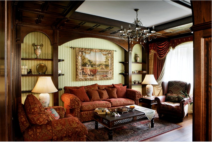 A szoba angol stílusban való befejezéséhez fát és textíliákat használnak.