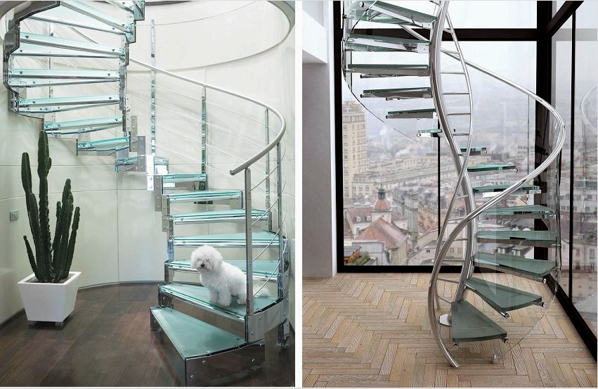 Üvegből és rozsdamentes acélból készült spirális lépcsők könnyűek és szellősek