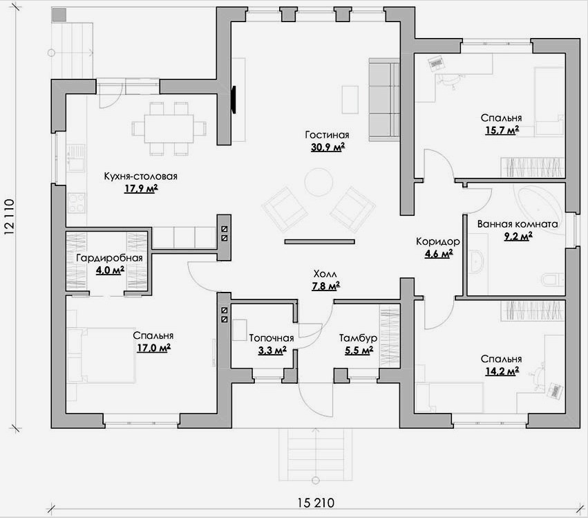 Egy emeletes téglaház terve, mérete 12,11 x 15,21 m²