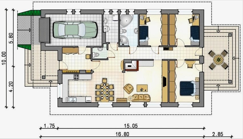 Egy emeletes tégla ház terve, amelynek garázsa 10x19,65 m²