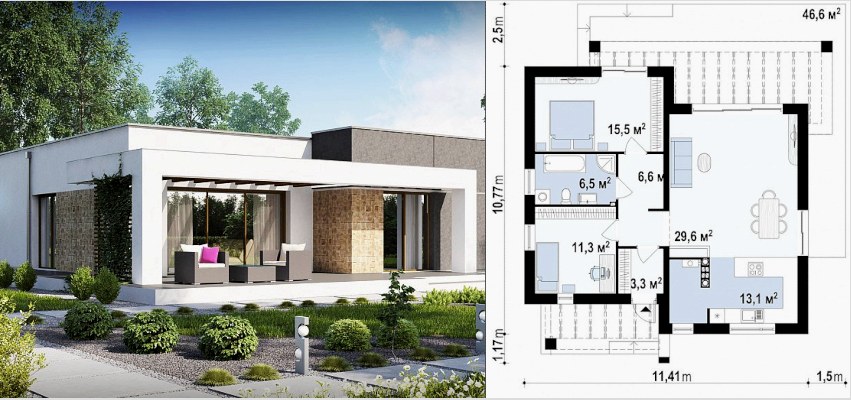 A 11x11 m méretű egyszintes habosított ház terve