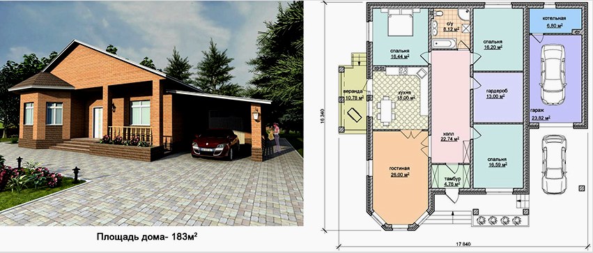 183 m² alapterületű, egyszintes téglalap alakú ház terve, garázzsal