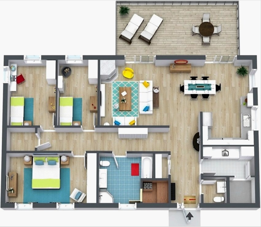 Egy emeletes ház 3D-s terve, amely magában foglalja a szülők hálószobáját és két gyermekszobát