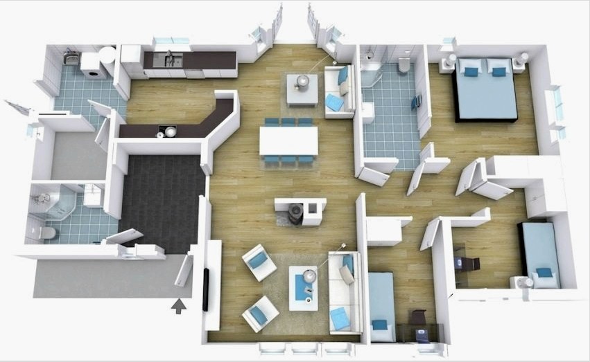 3D-s projekt egy emeletes házhoz, két fürdőszobával, mosókonyha és három hálószobával
