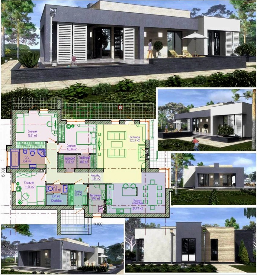 19,80 x 15,96 méter méretű modern egyszintes ház terve
