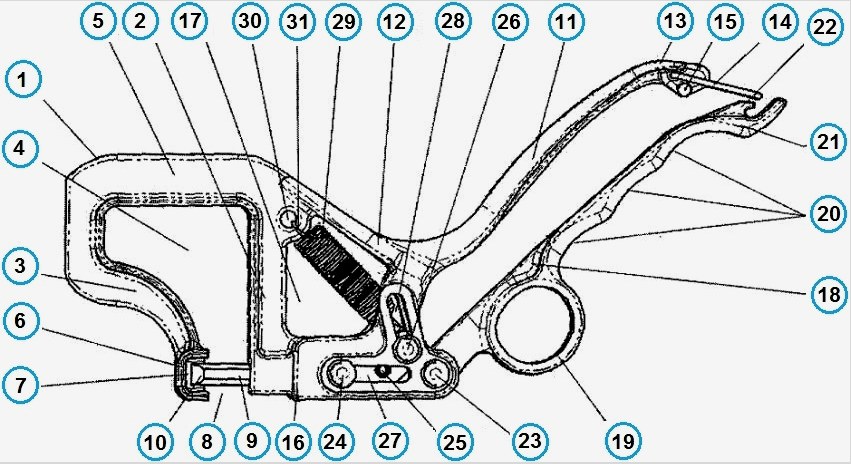 Profilvágó eszköz: 1 - tartó, 2 - első láb, 3 - második láb, 4 - tartó nyílás, 5 - tartó talpa, 6 - ütköző, 7 - mélyedés, 8 - munkarés, 9 - ütő, 10 - munkavég, 11 - rögzített fogantyú, 12 - a rögzített fogantyú alapja, 13 - a rögzített fogantyú szabad vége, 14 - hurok, 15 - hurok ütköző, 16 - keret, 17 - keretnyílás, 18 - mozgatható fogantyú, 19 - gyűrű, 20 - szabad vég mozgatható fogantyú, 21 - kampó, 22 - rögzített tengely, 23 - első mozgatható tengely, 24 - második mozgatható tengely, 25 - harmadik mozgatható tengely, 26 - megfelelő nyílások, 27 - második vezetőhorony, 28 - billenőkar, 29 - első végfordulás , 30 - második utolsó fordulás, 31 - rögzített alkatrészek