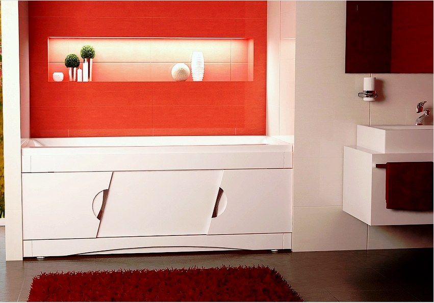 A tervező fogantyúval ellátott műanyag képernyő harmonikusan illeszkedik a fürdőszobába, kontrasztos színben