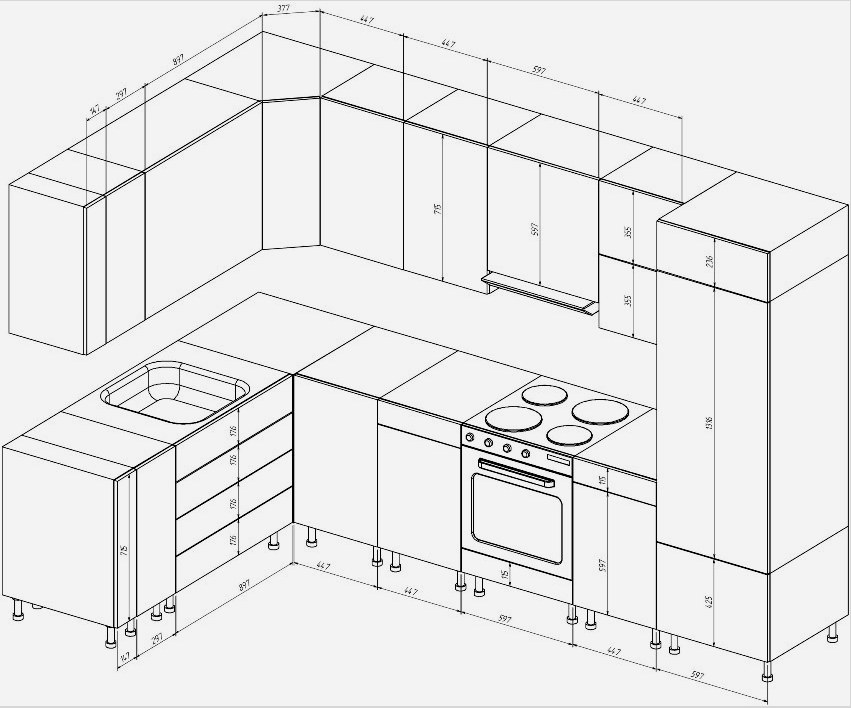 Annak érdekében, hogy a konyhakészlet harmonikusan illeszkedjen a helyhez, rajzot kell készíteni