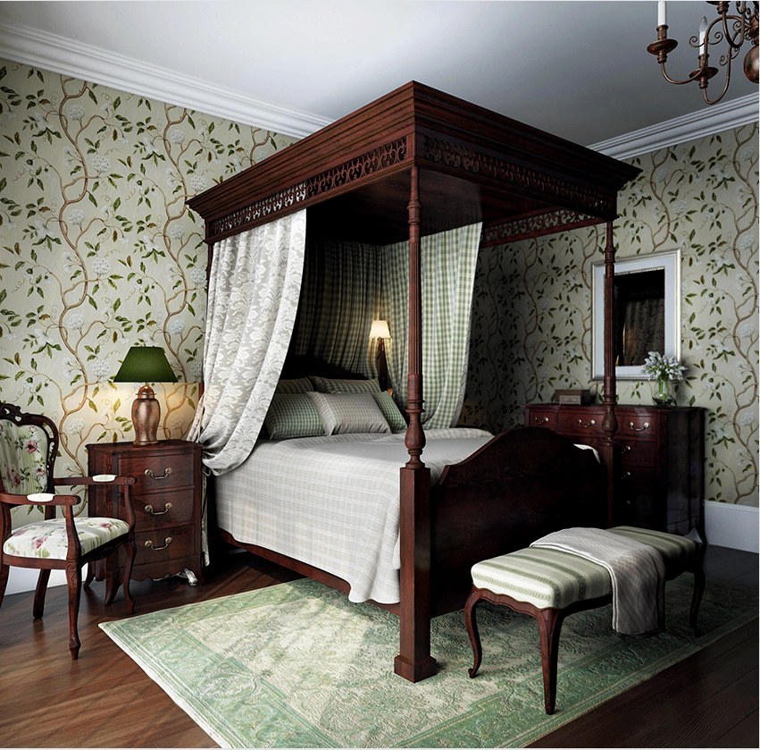 A hálószoba fő dekorációja angol stílusban egy elegáns faágy