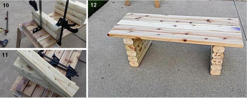 Ábra.  3-4.  Az egyszerű fapad gyártásának sorrendje: 10, 11 - a lábak rögzítése az üléshez;  A 12. ábra a késztermék nézete