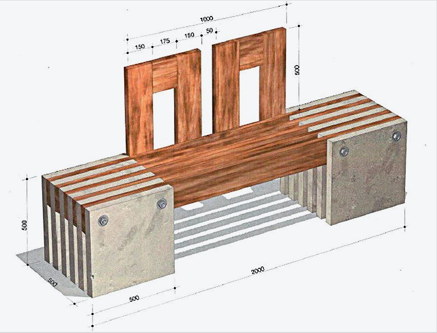 Ábra.  1-1.  Fa- és betonlapból készült kerti pad elrendezése szerelési méretekkel