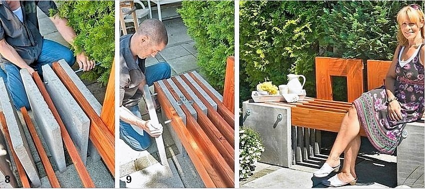 Ábra.  1-5.  A kerti pad fa és beton táblákból való elkészítésének sorrendje: 8 - a fő rész összeszerelése;  9 - menetes rudak behelyezése és felszerelése