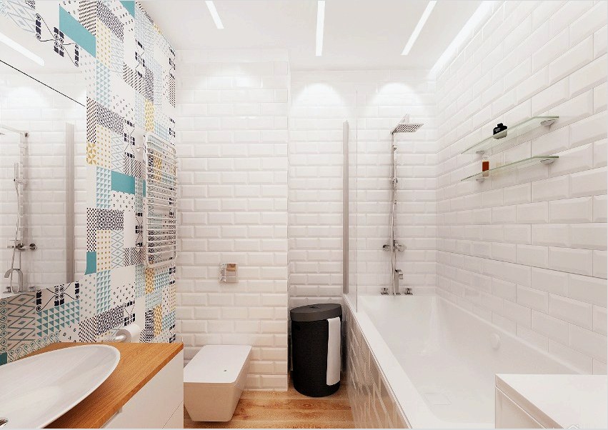 Az eredeti díszekkel ellátott világos csempe tökéletesen meghígítja a kombinált fürdőszoba fehér falait