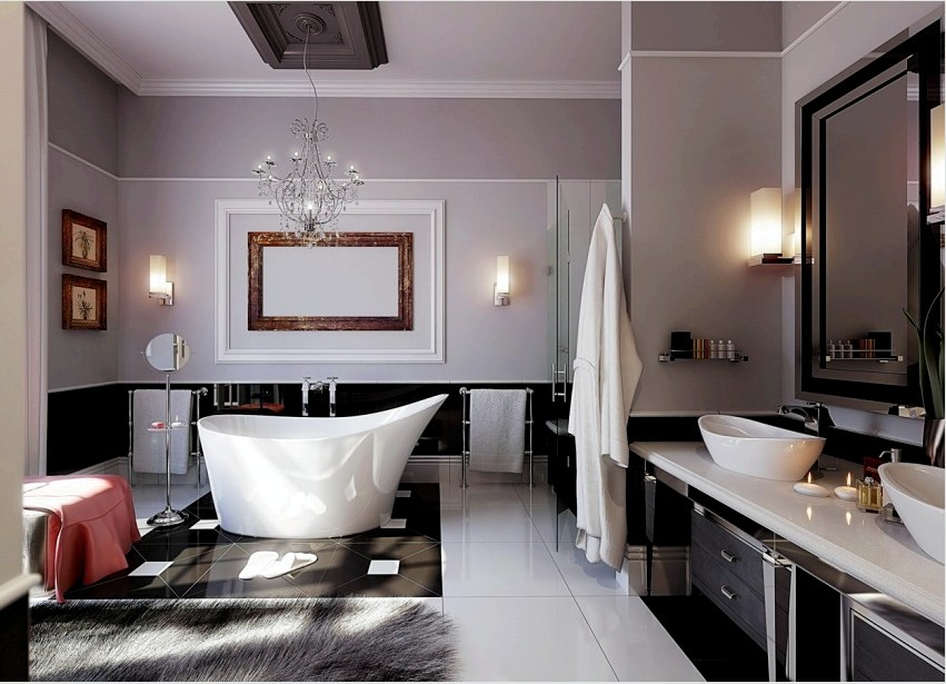 Tágas klasszikus fekete-fehér stílusú fürdőszoba