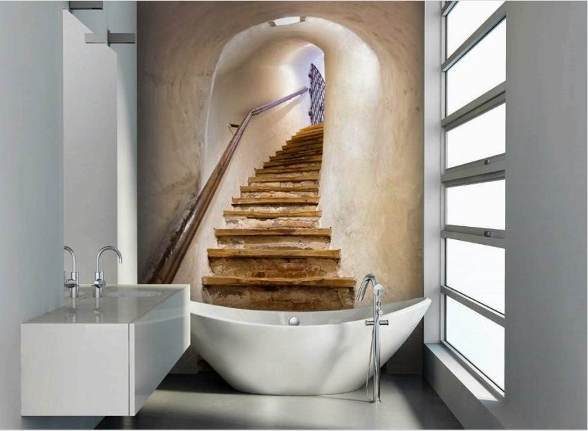 3D-s fotó háttérkép, amely egy régi lépcsőt ábrázolja a fürdőszoba belső részén