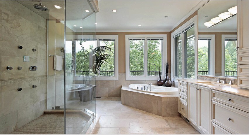 Üveg zuhanyzó: gyönyörű fürdőszoba kialakítás