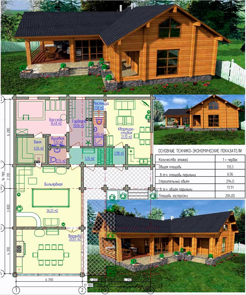 204,05 m² alapterületű faház stílusú egyszintes ház terve