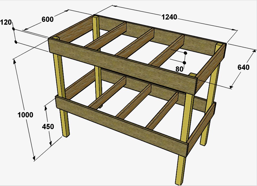 Rajz egy fából készült asztalos munkapadra, méretekkel 