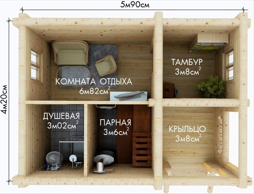 Kész készen egy közepes méretű 4,2x5,9 m-es kádhoz, további szobákkal: előcsarnok, relaxációs terület és zuhanyzó