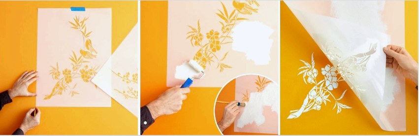 A kép festett falra történő felhelyezésének folyamata műanyag stencil segítségével