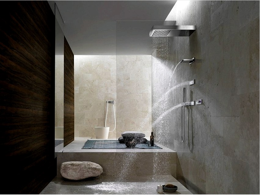 Az esőzuhanyfejű fürdőszobához tartozó keverőgép kerámia vagy golyópatronnal, kifolyóval és termosztáttal lehet 