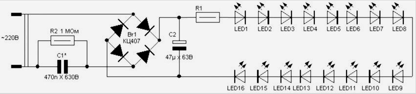 A LED-eknek egy 220 V-os hálózathoz történő csatlakoztatásának sémája a C1 hűtőkondenzátor segítségével