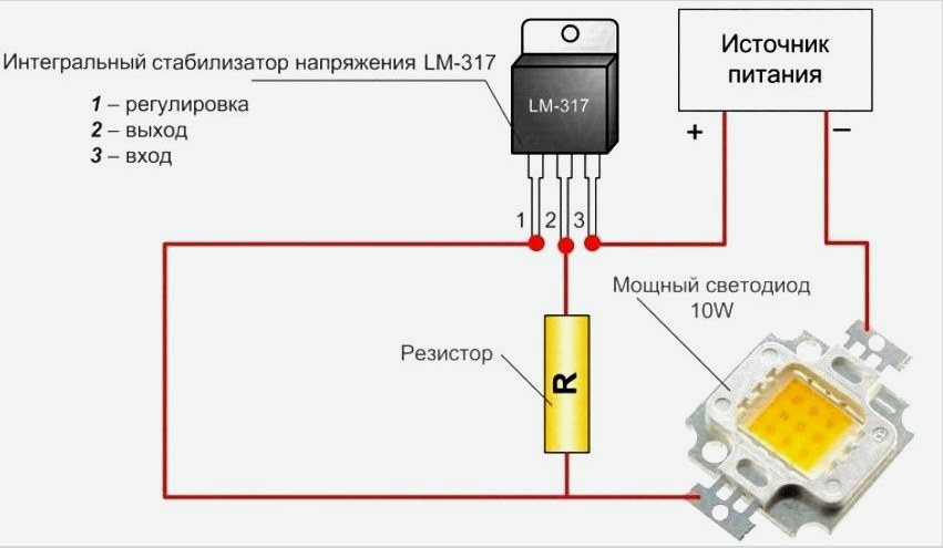 Tápfeszültségű LED-áramkör az LM317 integrált feszültségszabályozóval