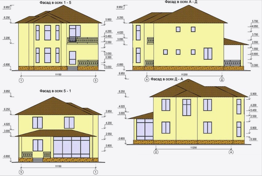 Rajzok, amelyek ábrázolják egy kétszintes ház homlokzatát a különböző oldalakról