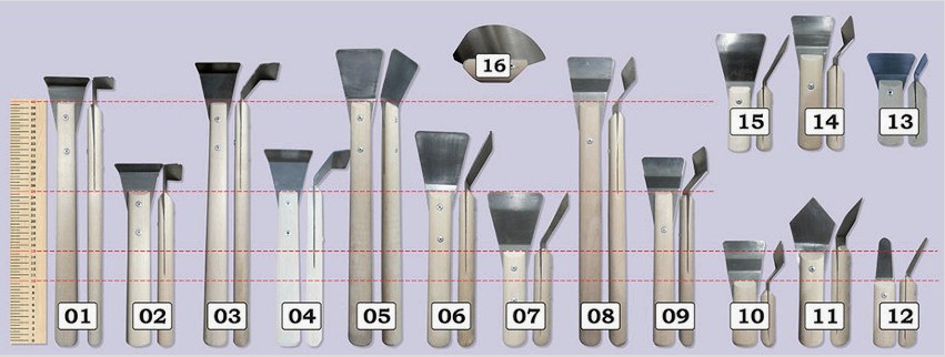 Karnis simítóval: 01 - 90 °, 02 - 90 °, 03 - 45 °, 04 - 45 °;  standard spatula: 05 - standard spatula, 06 - standard spatula, 07 - széles spatula, 15 - wide spatula;  liba típusú spatula: 08 - standard penge, 09 - standard penge, 14 - széles penge, 10 - széles penge;  spatulák a nem szabványos mennyezetekhez: 11 - szögleges spatula, 12 - „nyelv”, 13 - szögleges spatula, 16 - szövet mennyezetekhez