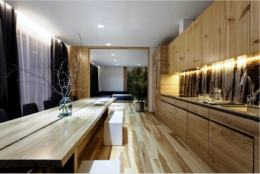 A nappali és a konyha egy teljesen ésszerű és elegáns megoldás az öko-stílusú helyiségekhez.