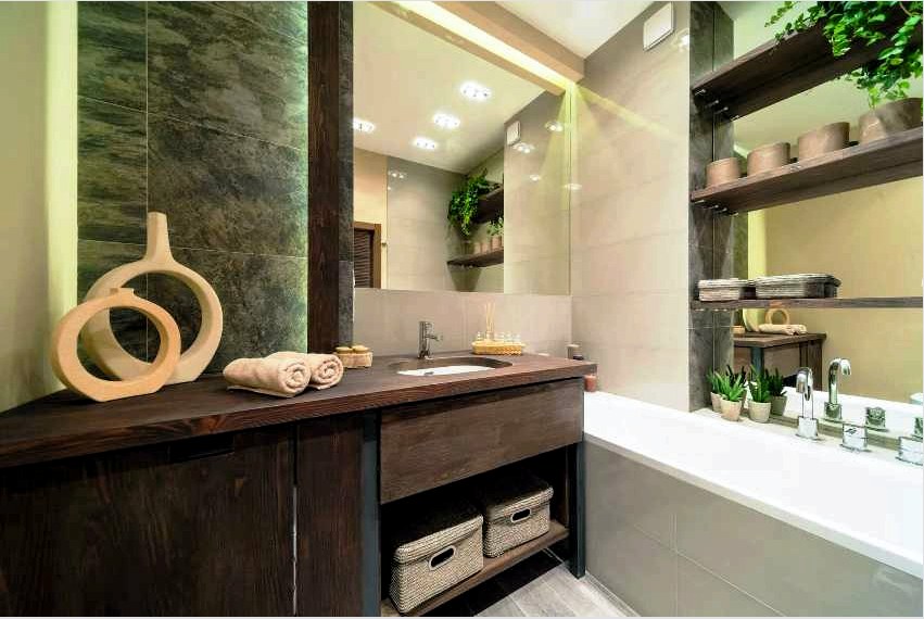 A fürdőszobának az öko-stílusban készített helyének a lehető leg nyitottabbnak és tágabbnak kell lennie, hogy benne érezhető legyen a béke és a nyugalom.