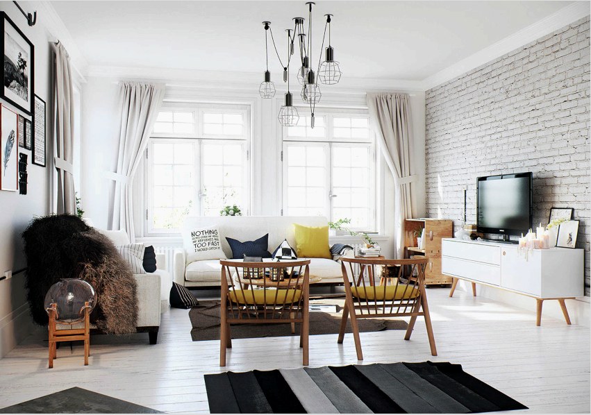 A természetes és mesterséges fény bősége fontos a skandináv nappali számára.