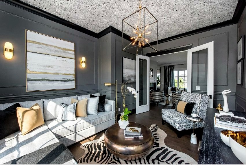 A gyönyörű nappali modern stílusú kialakításához gyakran használják a szürke különböző árnyalatát.