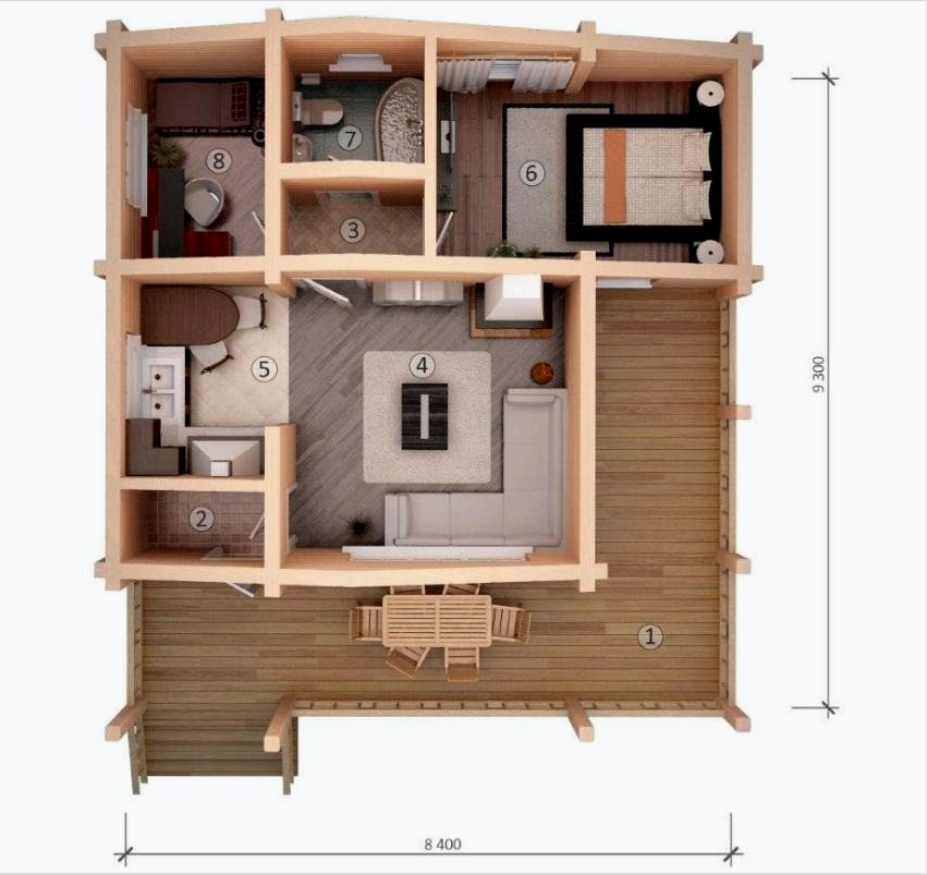 Egy kompakt, egyszintes, fából készült ház terve: 1 - terasz, 2 - előszoba, 3 - előszoba, 4 - nappali, 5 - konyha, 6 - hálószoba, 7 - fürdőszoba, 8 - gyerekek