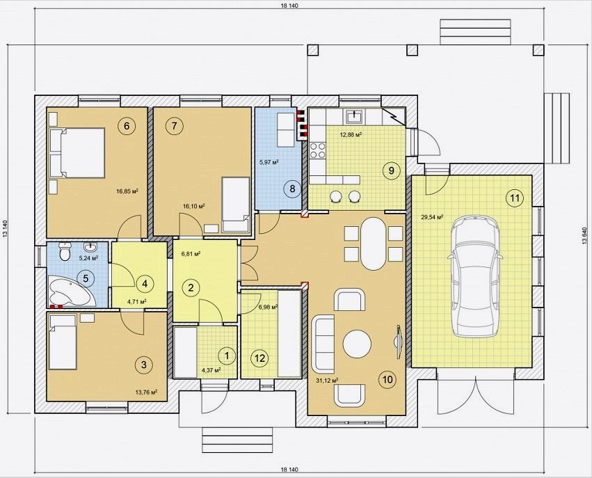 Egy egyszintes garázsral és kényelmes elrendezéssel ellátott ház terve: 1 - előszoba, 2 - előszoba, 3 - hálószoba, 4 - előszoba, 5 - fürdőszoba, 6 - hálószoba, 7 - hálószoba, 8 - mosoda, 9 - konyha, 10 - nappali-étkező 11 - garázs, 12 - öltöző