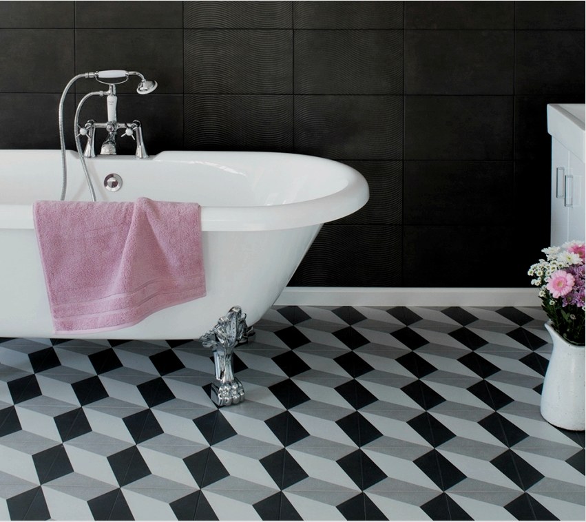 Példa egy klasszikus mintára a csempe lerakására a fürdőszoba falán