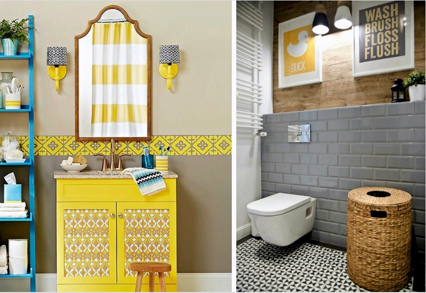 Világos díszítéssel és díszítő elemekkel a fürdőszoba belső színe színes és otthonos lesz.