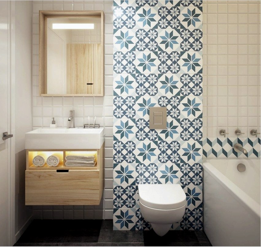 A fürdőszoba kombinálható hagyományos zónákba, különböző színű falakkal, közös stílusban kombinálva