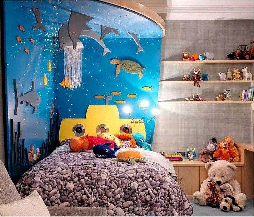 A víz alatti világ 3D panoráma a fiú szobájában