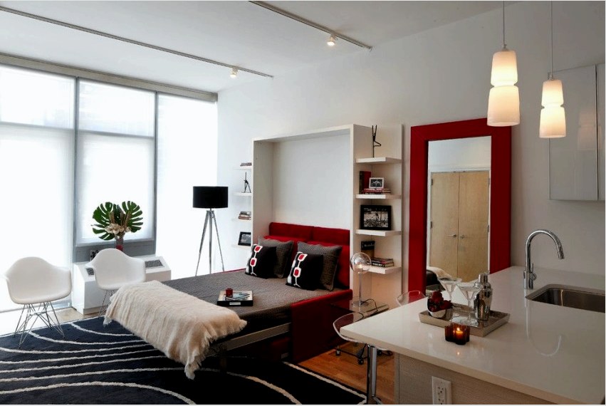 Az egyszobás apartman optimális megoldása a beépített bútorok, amelyek könnyen átalakíthatók és kevesebb helyet foglalnak el