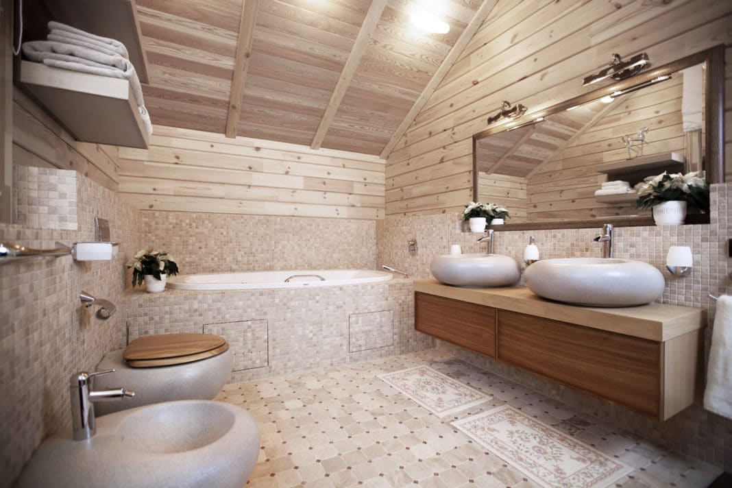 A fürdőszoba egy favázas házban