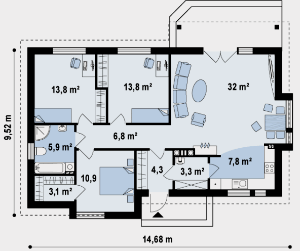 Három hálószobás egyszintes ház projektje: hogyan kell megfelelően elosztani a lakóteret