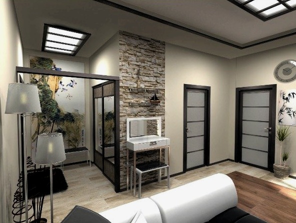 Hálószoba-nappali belső tér - egy stúdió apartman látványos és modern kialakítása