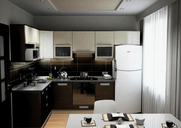 Hogyan kell átgondolni egy tervezést egy téglalap alakú kis konyhában