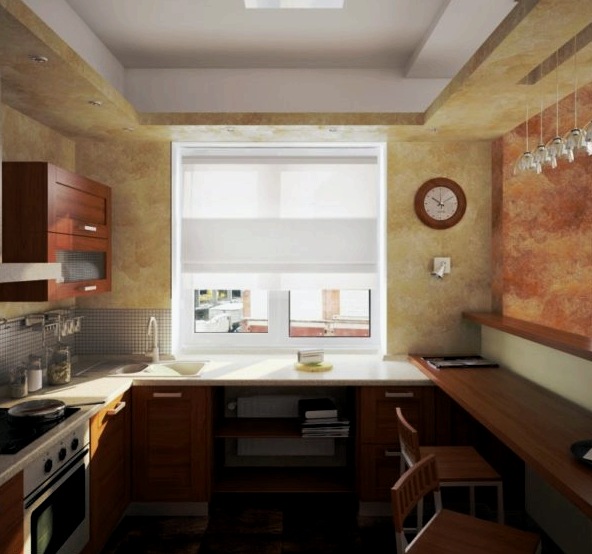 Hogyan kell átgondolni egy tervezést egy téglalap alakú kis konyhában