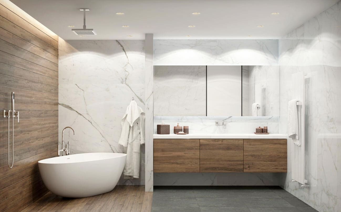 Fa és fehér márvány kombinációja a 2. fürdőszobában