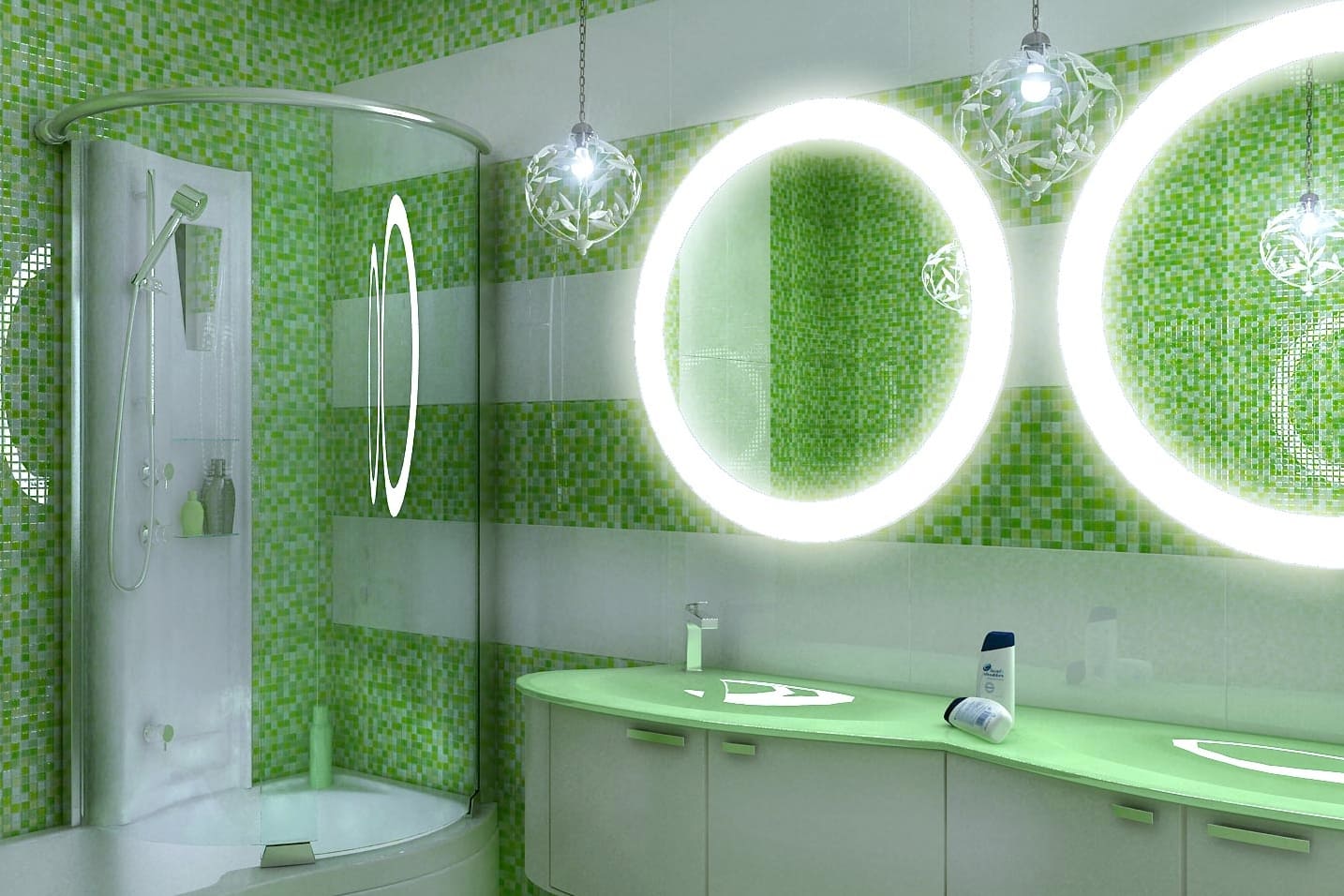 zöld mozaik a fürdőszobában